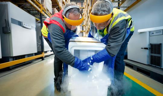 Warehouse operators pouring dry ice into deep-frozen packaging