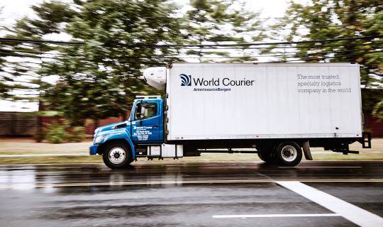 A World Courier truck speeds past blurry trees.