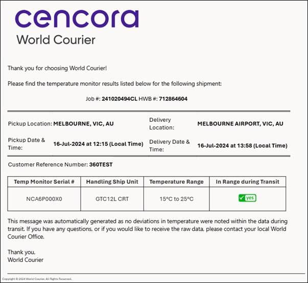 World Courier をお選びいただきありがとうございます。 /></div>
<p>
</p>
<h4>添付ファイルはどのようになりますか？</h4>
<p>電子メールに添付されているのは、概要データ、温度グラフ、正確な表形式の情報を含む包括的なレポートです。表形式の情報により、出荷物の正確なデータポイントと温度の測定値を表示できます。以下に表形式ビューのサンプルのスクリーンショットを示します。</p>
<p><img src=